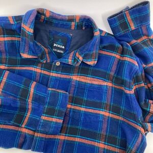prAna Organic Cotton Blue Plaid Flannel Shirt XL Men Button Front Casual Outdoor